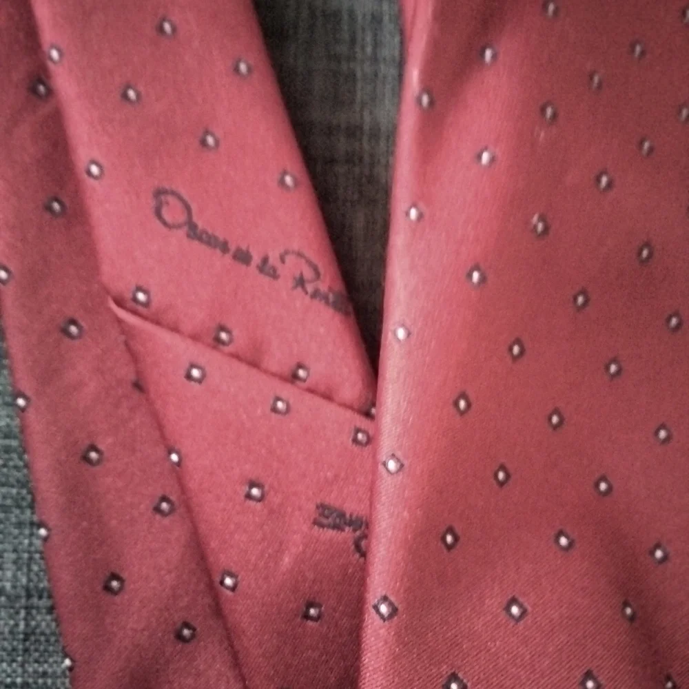 Oscar de la Renta Red with Blue And White Polka Dot Pattern Tie